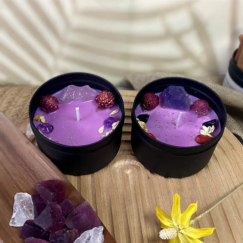 Black Tin Candle - 8x5.2cm Dried Flower Crystal Stone Scented